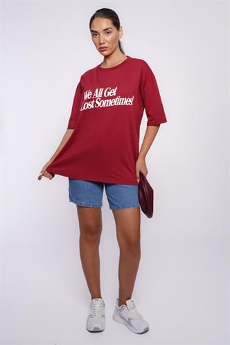 Bordo Baskılı Oversize Tişört MG1532
