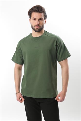 Haki Baskılı Nakış Detaylı Erkek T-shirt E7108
