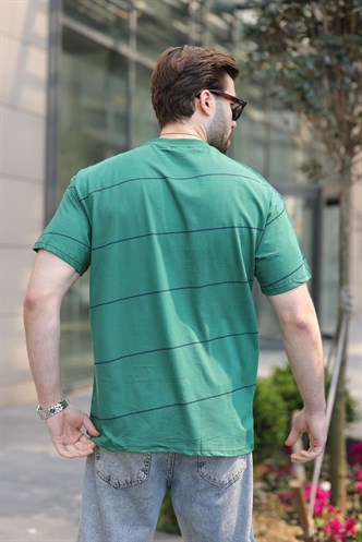Koyu Yeşil Bisiklet Yaka Basic Çizgili Erkek T-shirt E7102