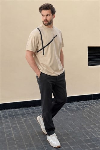 Bej Bisiklet Yaka Şerit Detaylı Pamuklu Erkek T-shirt E7033