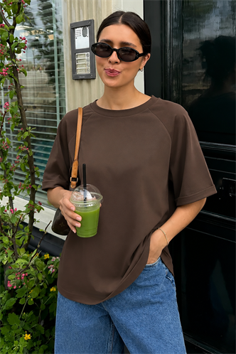 Sütlü Kahve Oversize Basic Kadın Tişört