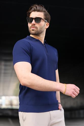 Lacivert Yarım Fermuarlı Polo Yaka Triko Erkek Tişört E7459