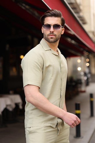 Mint Yeşili %100 Pamuklu Erkek Şort Gömlek Takım E7361