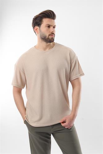 Bej Bisiklet Yaka Erkek T-shirt E7127