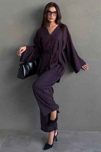 Mürdüm V Yaka Düğmeli Kuşaklı İkili Modal Kadın Takım MG2619