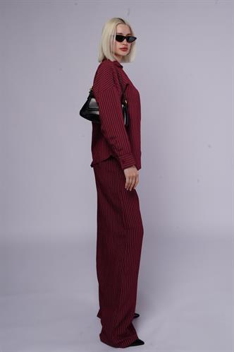 Bordo Uzun Kollu Çizgili Gömlek Pantolon İkili Takım MG2329