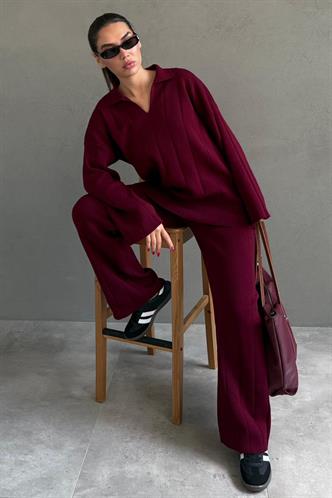 Bordo Rahat Kesim Dikiş Detaylı Kadın Triko Takım MG2584