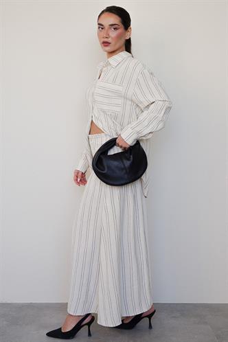 Ekru Çizgili Keten Etek Gömlek Takım Mg2447