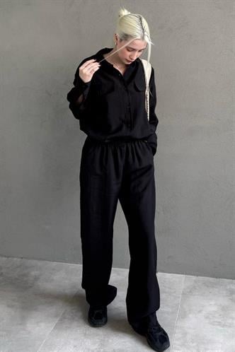 Siyah Tensel Kumaş Düğmeli Kadın Gömlek Takım Mg2621