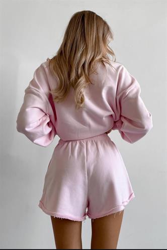 Pembe Polo Yaka Kadın Şort Sweatshirt Takım Mg2375