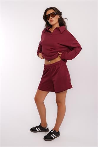 Bordo Polo Yaka Kadın Şort Sweatshirt Takım Mg2375