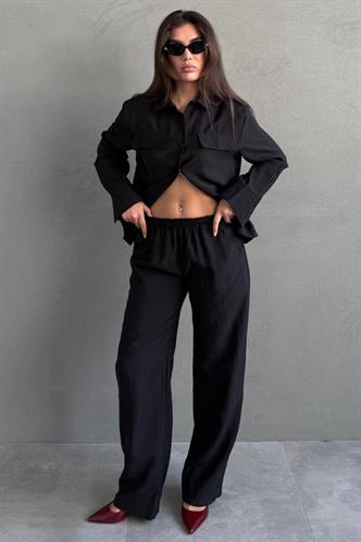 Siyah Tensel Kumaş Düğmeli Kadın Gömlek Takım Mg2621