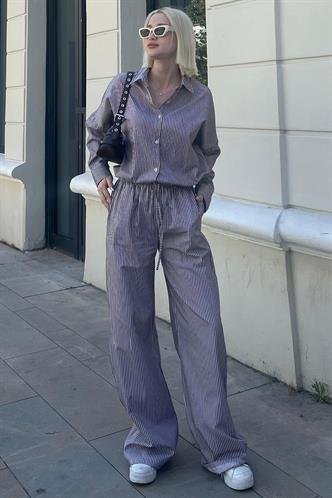 Bordo Uzun Kollu Çizgili Gömlek Pantolon İkili Takım MG2124