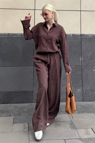 Acı Kahverengi Basic Kadın Gömlek Pantolon İkili Takım Mg2352
