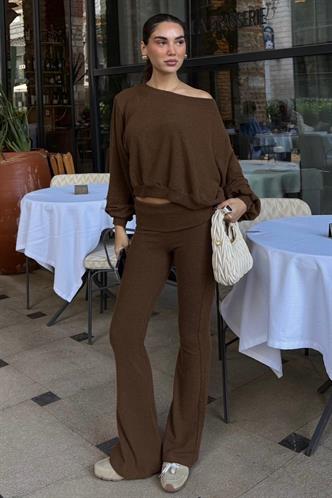 Kahverengi  Bluz Pantolon İkili Takım Mg2289