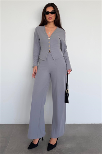 Füme Düğmeli Yumuşak Dokunuşlu İkili Hırka Pantolon Takım MG2651