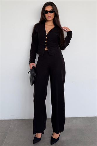 Siyah Düğmeli Yumuşak Dokunuşlu İkili Hırka Pantolon Takım MG2651