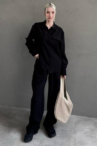 Siyah Tensel Kumaş Düğmeli Kadın Gömlek Takım Mg2621
