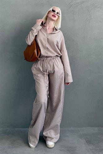 Camel Çizgili Gömlek Pantolon Kadın Takım MG2457 