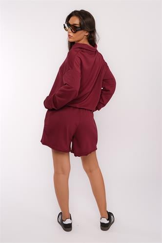 Bordo Polo Yaka Kadın Şort Sweatshirt Takım Mg2375