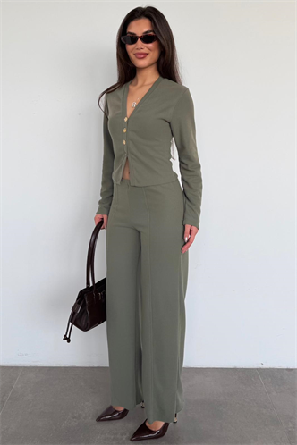 Haki Düğmeli Yumuşak Dokunuşlu İkili Hırka Pantolon Takım MG2651