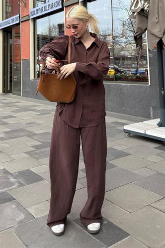 Acı Kahverengi Basic Kadın Gömlek Pantolon İkili Takım Mg2352