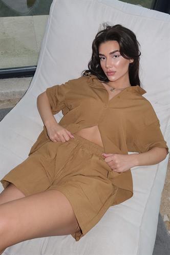 Camel Basic Kadın Şort Gömlek Takım Mg2361