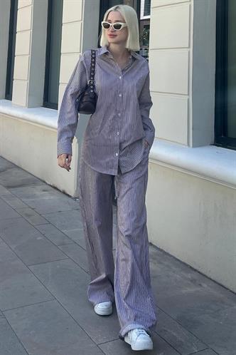 Bordo Uzun Kollu Çizgili Gömlek Pantolon İkili Takım MG2124