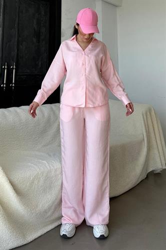 Pembe Uzun Kollu Çizgili Gömlek Pantolon İkili Takım MG2329