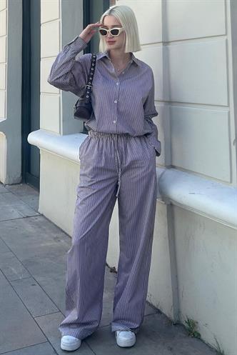 Bordo Uzun Kollu Çizgili Gömlek Pantolon İkili Takım MG2124