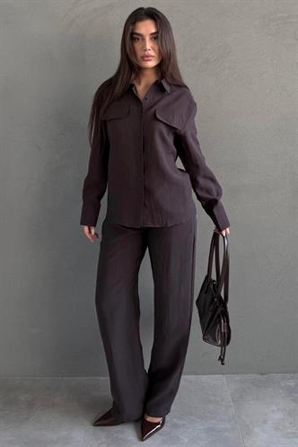 Kahverengi Tensel Kumaş Düğmeli Kadın Gömlek Takım Mg2621