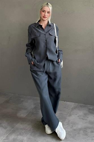 Füme Tensel Kumaş Düğmeli Kadın Gömlek Takım Mg2621