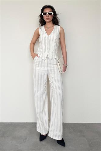 Ekru Çizgili Pantolon Yelek Kadın Takım Mg2444