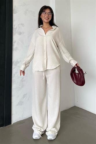 Karmelanj Keten Kadın Gömlek Pantolon İkili Takım Mg2356