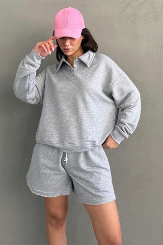 Gri Polo Yaka Kadın Şort Sweatshirt Takım Mg2375