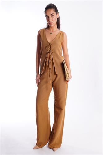 Camel Önü Bağlamalı Yelek Pantolon Kadın Takım Mg2403