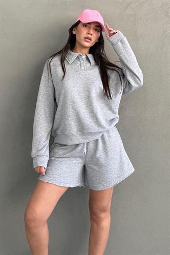 Gri Polo Yaka Kadın Şort Sweatshirt Takım Mg2375