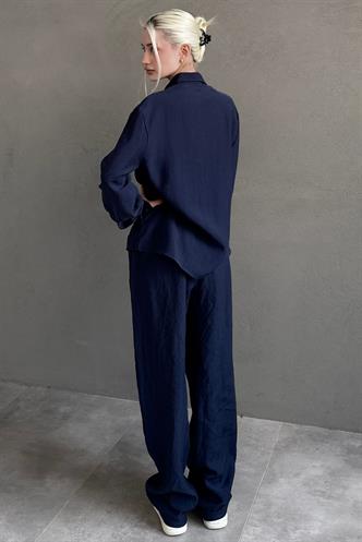 Lacivert Tensel Kumaş Düğmeli Kadın Gömlek Takım Mg2621