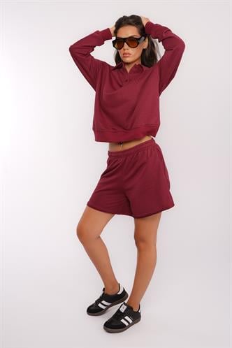 Bordo Polo Yaka Kadın Şort Sweatshirt Takım Mg2375