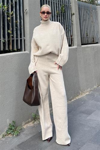 Ekru Uzun Kollu Triko Kazak Pantolon İkili Takım MG2173