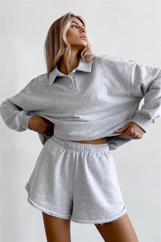 Gri Polo Yaka Kadın Şort Sweatshirt Takım Mg2375