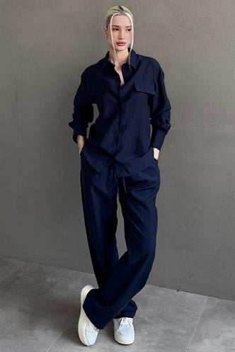 Lacivert Tensel Kumaş Düğmeli Kadın Gömlek Takım Mg2621