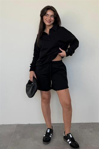 Siyah Polo Yaka Kadın Şort Sweatshirt Takım Mg2375