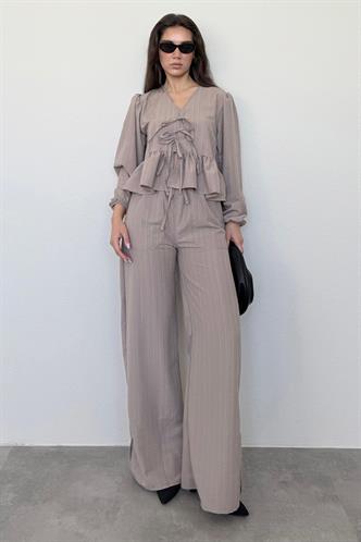 Camel Önü Bağlamalı Bluz Pantolon Takımı MG2343