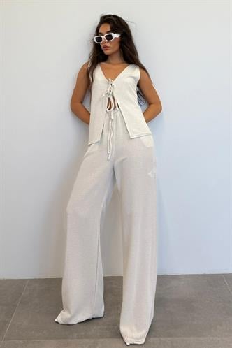 Natural Önü Bağlamalı Yelek Pantolon Kadın Takım Mg2403