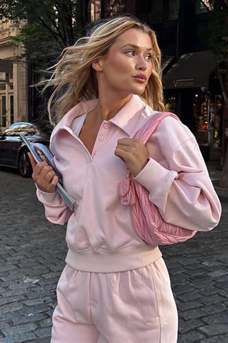 Pembe Polo Yaka Kadın Şort Sweatshirt Takım Mg2375