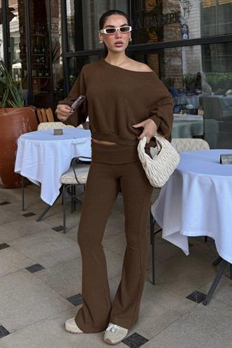 Kahverengi  Bluz Pantolon İkili Takım Mg2289
