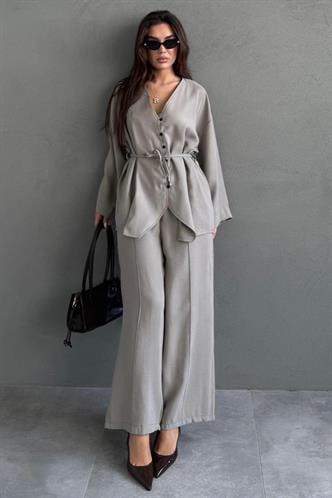 Haki V Yaka Düğmeli Kuşaklı İkili Modal Kadın Takım MG2619