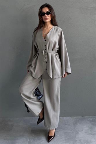 Haki V Yaka Düğmeli Kuşaklı İkili Modal Kadın Takım MG2619