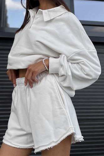 Ekru Polo Yaka Kadın Şort Sweatshirt Takım Mg2375